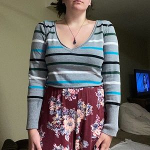 Multicolored Striped Grey V-Neck Long Sleeve